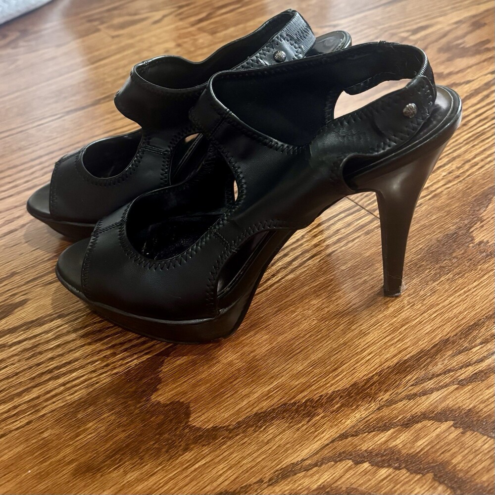 Simply Vera Vera Wang Black Leather Sling Back Stiletto Platform Open Toe Heels